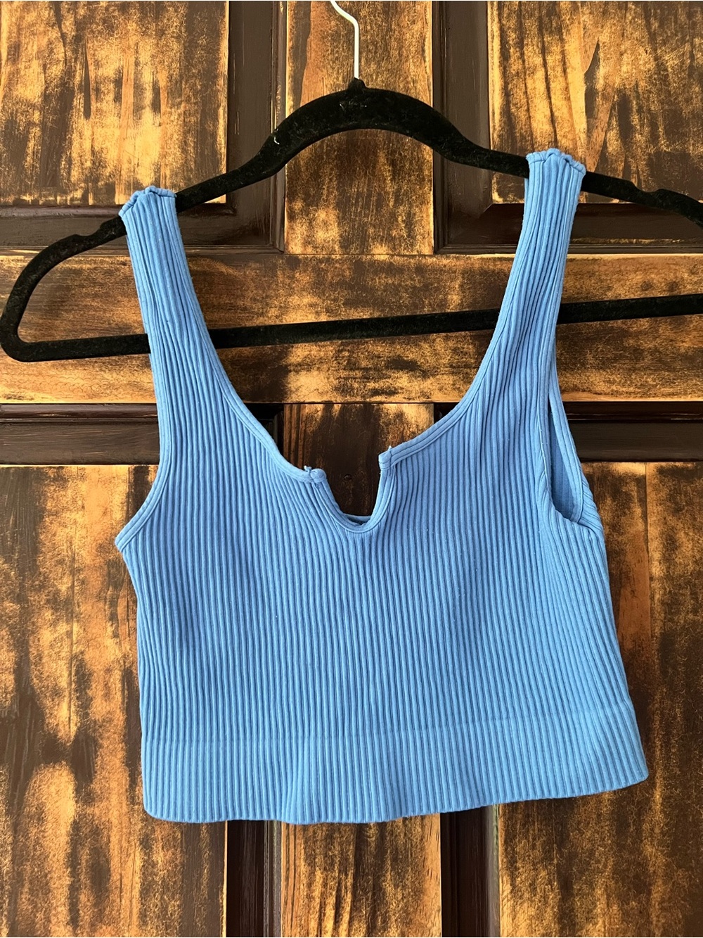Blue Ribbed Tank Top with Notch V-Neck